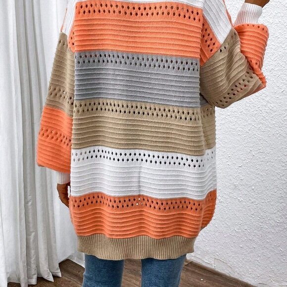 Multicolor Casual Womens Color Block Drop Shoulder Open Front Cardigan - Picture 5 of 5